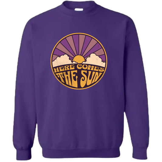 The Beetles famous lyrics here comes the sun on a purply crewneck