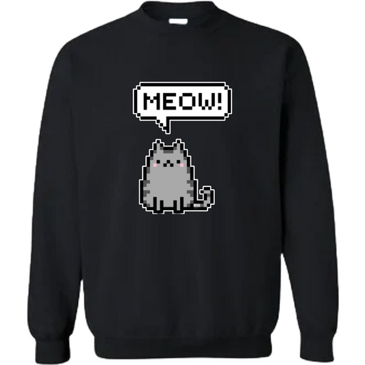 pixel cat design saying meow on  a black  CREWNECK