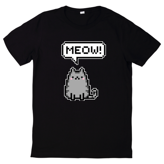 black t-shirt with a pixel cat design saying meow