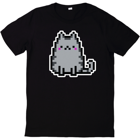 black tshirt with a pixel cat design